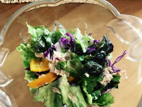 ツナとパプリカ、紫キャベツの辛子ドレッシングサラダ